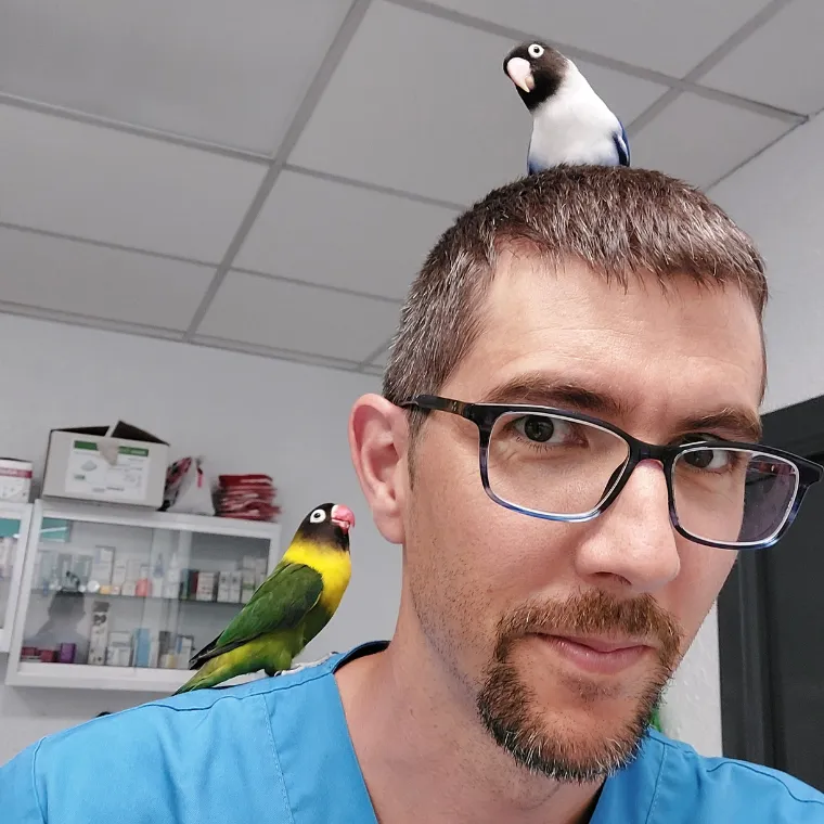 Veterinario sonriendo con dos loros: Amor y Compromiso en Consultorio Veterinario Ebro